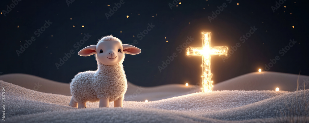 Poster a sheep is standing in a snowy field with a cross in the background. concept of peace and serenity, 