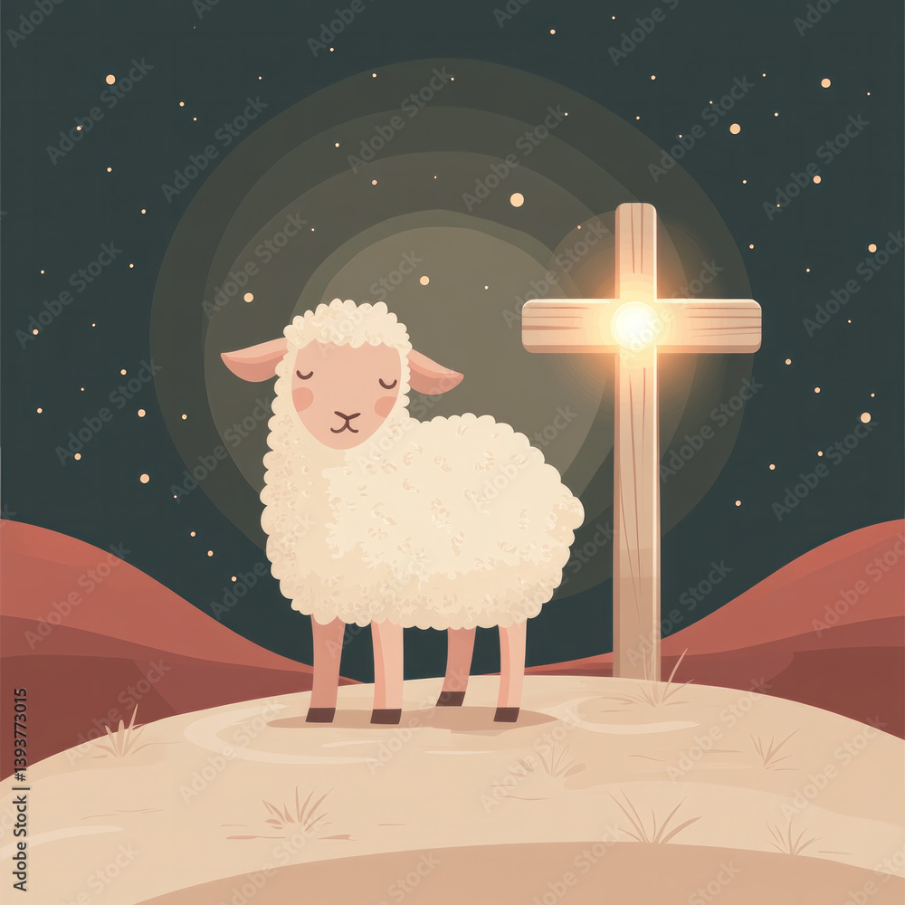 Poster a sheep is standing in front of a cross with a light shining on it. the scene is set in a desert, wi