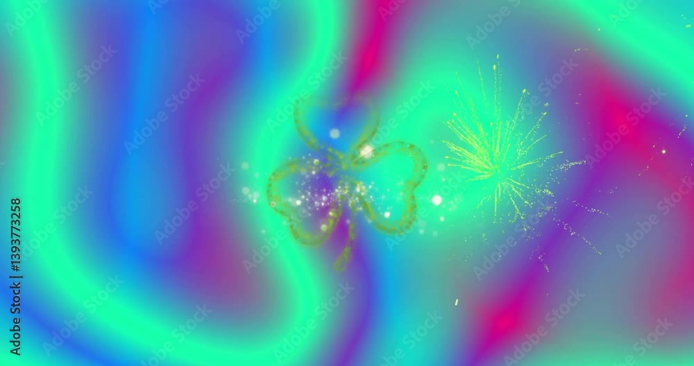Poster glowing clover and fireworks creating colorful abstract background animation