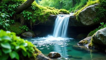 Naklejka premium Crystal cascade tumbles over mossy rocks, lush greenery surrounds , tranquility, green