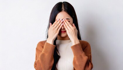 手で目を隠すカジュアルな服を着ている女性