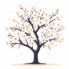Cherry Blossom Tree: Springtime Nature Illustration with Blooming White Petals and Vibrant Colors