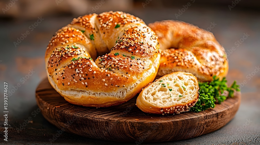 Poster warm golden brown sesame seed coated bagels arranged on a rustic wooden board garnished with a sprig