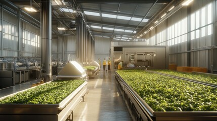 Modern food processing facility with hydroponic growing systems.  Workers in a spacious, industrial environment.  Automated production lines and controlled growing sections
