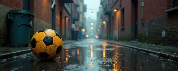 Obraz premium Soccer ball sitting alone in a rainy alleyway , deserted streets, urban decay