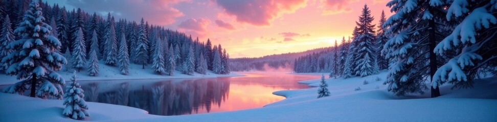 Snowy forest at dusk with frozen lake and pine trees in the background, snow, lake, forest