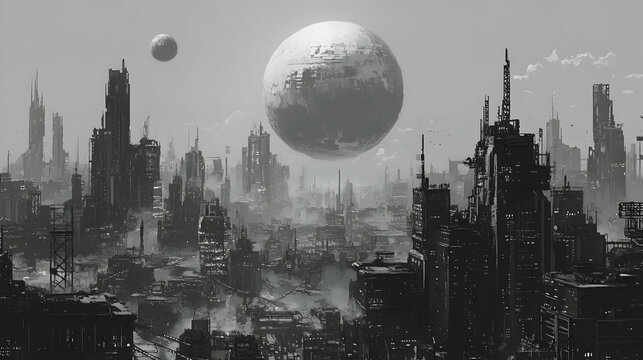 Grayscale Pixel Art Cityscape with Dominant Moon and Distant Buildings under a Cloudy Sky