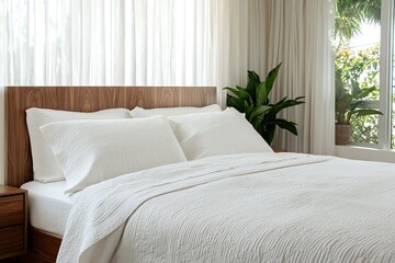 A neatly made bed with white textured bedding, wooden headboard, and a plant beside it.
