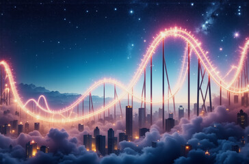 Obraz premium Night cityscape with illuminated wave of light arches above buildings, peeking through clouds under a starry evening sky, creating a dreamy, futuristic scene.