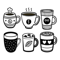 Hand-Drawn Coffee Cup Doodle Set – 6 Unique Black and White Illustrations