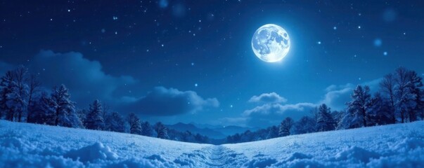 Naklejka premium Snowy night sky with stars and moon, snowflakes gently falling, icy, moon