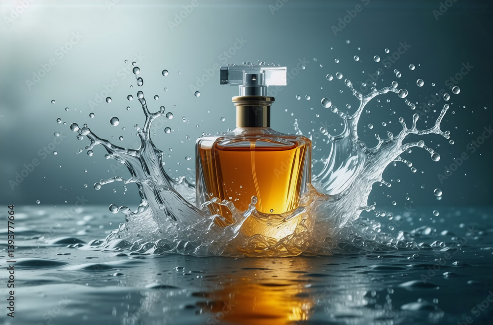 Poster aromatic perfume bottle dynamically bursts through crystal clear water, creating a refreshing and in