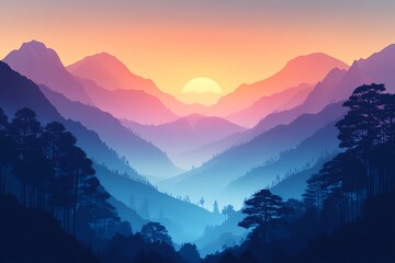 Explore Serene Mountain Landscapes: Colorful Sunset Horizons with Vibrant Gradient Skies - Digital Art and Photography