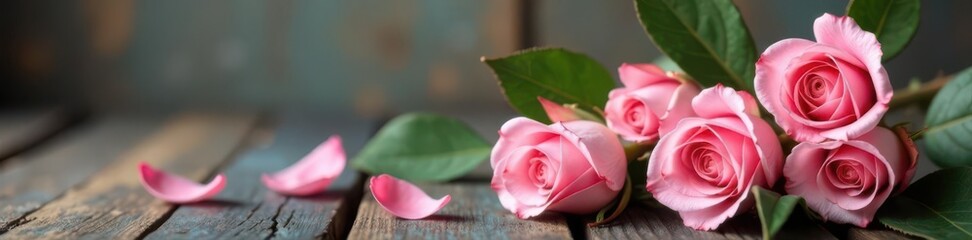 Fototapeta premium Delicate pink roses, lush petals, soft focus, vintage wooden background , beauty, petals, macro