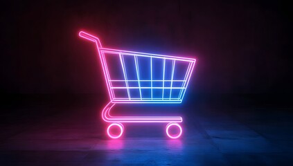 Neon shopping cart sign glows pink and blue against a dark background.