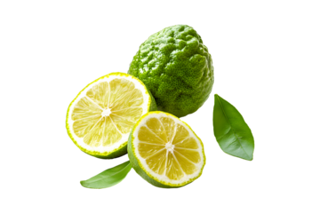Fresh bergamot fruit with slices and green leaves isolated on transparent background