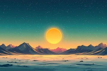 Stunning Sunrise Over Snowy Mountains: Vibrant Digital Art of Serene Wilderness