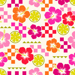 Hibiscus flower and sliced lime with checkered seamless pattern design for summer holidays background.