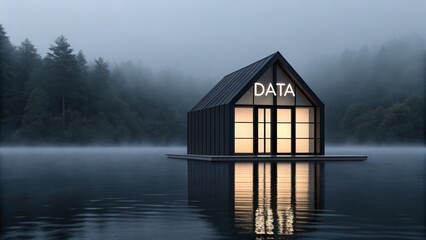 Fototapeta premium Data Lake Data Lakehouse Data Warehouse Cloud Computing Network A modern house on water with a misty forest backdrop, illuminated by warm light.