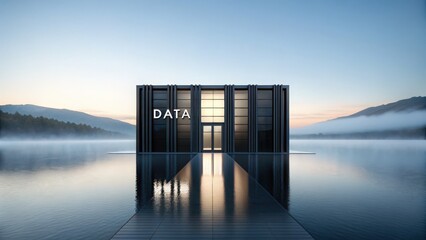 Data Lake Data Lakehouse Data Warehouse Cloud Computing Network A modern data center reflects on tranquil water, surrounded by mountains and mist.