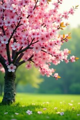 Soft pink blossoms on a tree, gentle breeze, green grass in foreground , springtime, pink, branch