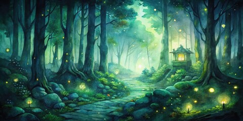 Obraz premium Mystical Firefly Forest Night: Enchanting Watercolor Architectural Photography