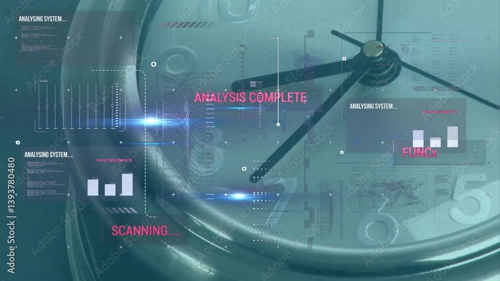 Poster digital animation overlay on clock face showing scanning and analysis complete