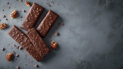 Four chocolate pecan bars on gray background.