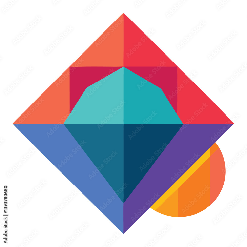Poster vector design features a 3d pyramid of colorful geometric triangles, an abstract crystal prism shape