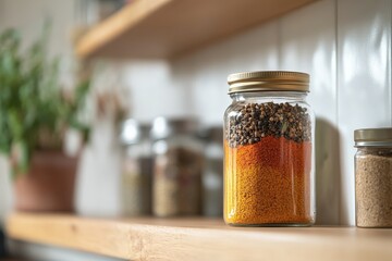 Colorful spices displayed in glass jars on a wooden shelf