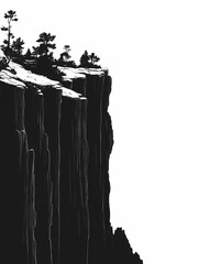 Monochrome Cliff & Rock Formation - Scenic Nature Illustration with Trees and Wildlife