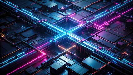 Fototapeta premium Neon Blue Pink Lines Abstract Metallic Surface - Sci-Fi Aerial High Resolution Digital Art