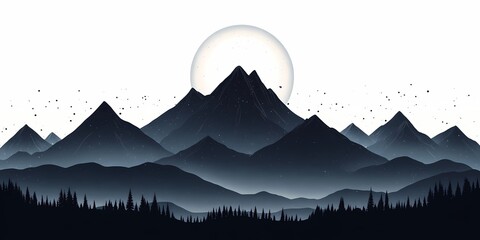 Monochrome Mountain Silhouette: Black and White Scenic Illustration of Sunrise Over Highlands - Perfect for Nature Lovers and Graphic Design