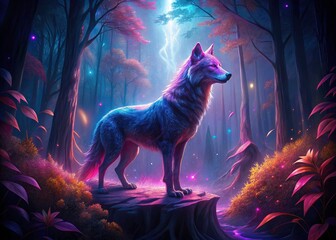 Obraz premium Neon Wolf Mystical Forest Surreal Art - Glowing Animal Fantasy Wallpaper