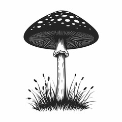Black and White Mushroom Illustration: Detailed Fungus Patterns and Spores in Natural Habitat