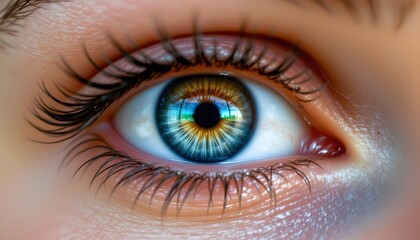 Fototapeta premium A close up photograph showcases a vibrant, healthy eye reflecting a precisely aligned grid pattern. The surrounding skin is smooth and illuminated, suggesting youthfulness and vitality