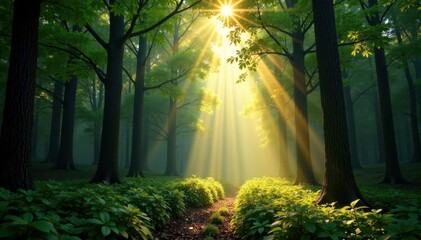 Obraz premium Panorama of a forest with sunbeams filtering through trees, sunlight, nature, shadows