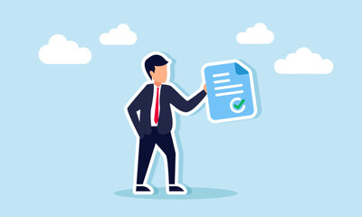 A businessman carries a document labeled with a check mark, illustration of a verified business company document