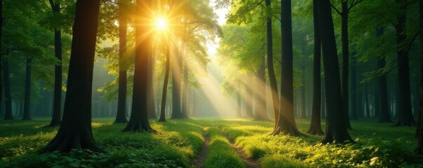 Obraz premium Panorama forest with sunlight filtering through trees, nature, foliage, trees