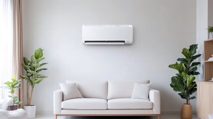 Modern air conditioner in a cozy living room.  Clean, minimalist design complements a light-filled space.  Plush seating and greenery add comfort and style