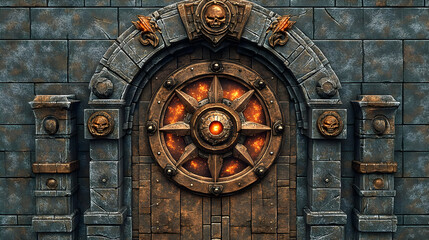 Fototapeta premium Ornate Stone Doorway with Intricate Carvings and Fiery Center in a Dark Fantasy Setting Medieval Architecture with Texture and Geometric Patterns