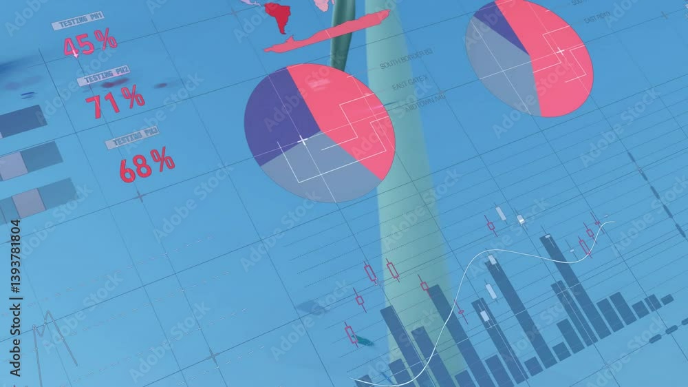 Poster creating animation with charts, graphs, and percentages on blue background