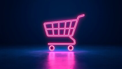 Pink neon shopping cart symbol on dark blue background with reflection.