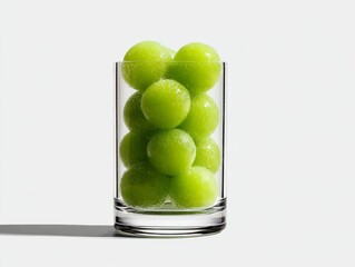 A glass filled with vibrant green balls, resembling candy or decorative elements, creates a fresh and playful aesthetic.