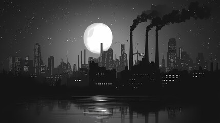 Urban Cityscape at Night: Industrial Skylines, Smokestacks, and Reflections Under a Crescent Moon