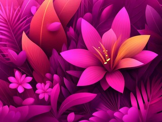 Fototapeta premium Lush pink floral arrangement with vibrant hues and stylized leaf designs