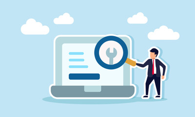 A businessman stands next to a laptop holding a magnifying glass to examine a gear key, illustration of business application system maintenance