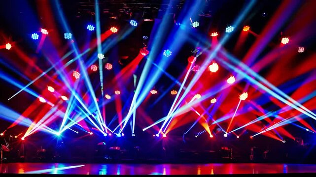 Dynamic stage lighting show with vibrant multicolored beams and spectacular effects