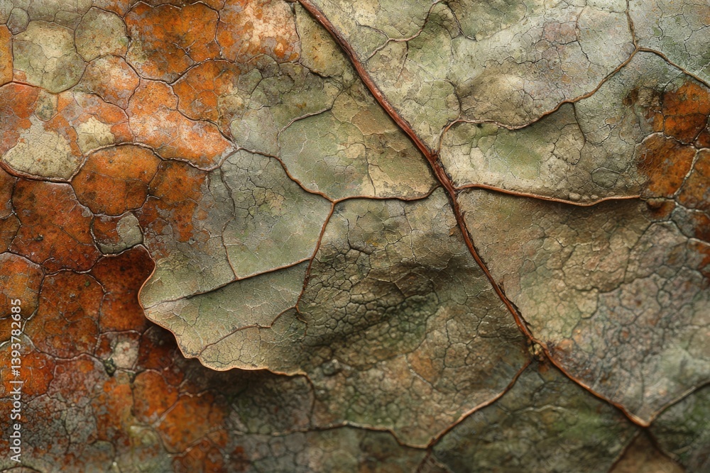 Poster close-up of a decaying leaf showing intricate vein patterns and textured surface in earthy tones.