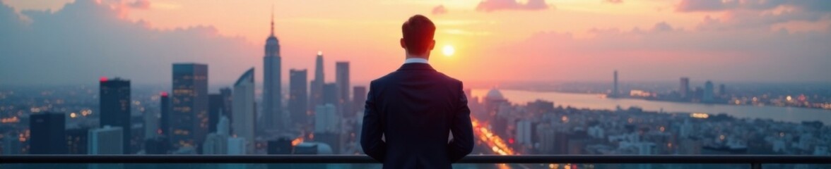 Sleek suit-clad figure stands confidently, gazing out at cityscape, professional, urban